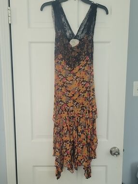 Free People Floral Lace-Trim V-Neck Slip Dress in Mustard and Black XS NWOT